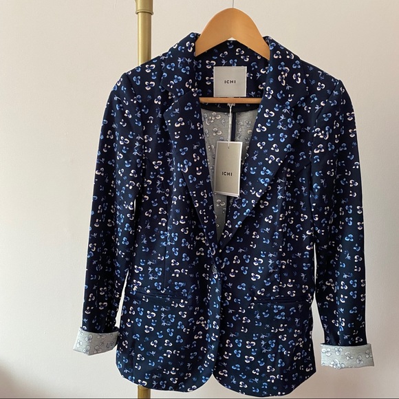 BNWT ICHI Navy Floral Print Jersey Blazer - Picture 1 of 8